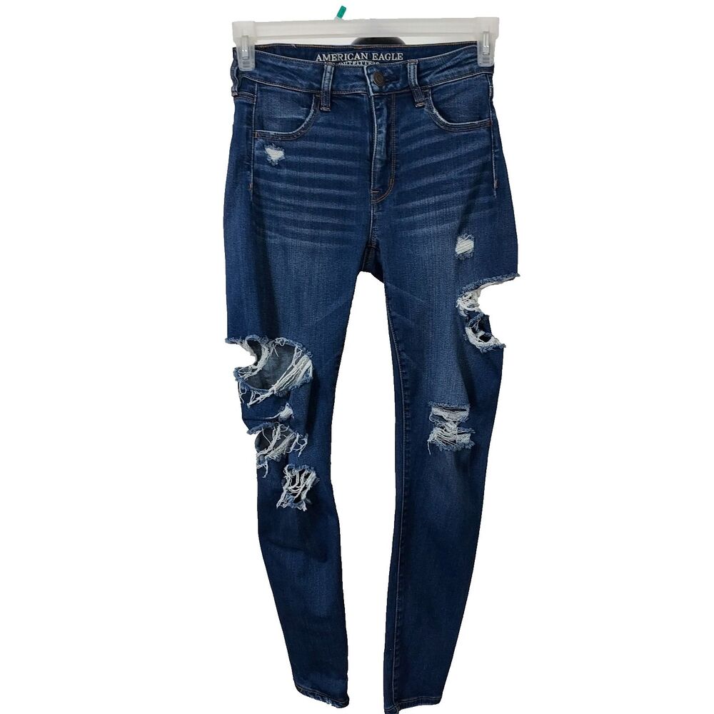 American Eagle Jeans Denim High Rise Jegging Rips Destroyed Holes Fray Womens 6